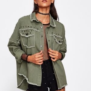 Army Green Distressed Studded Snap Front Jean Jacket size M